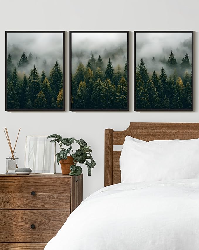 KUVIOKE Green Fog Pine Tree Landscape Framed Wall Art Nature Nordic Misty Forests Prints Morden Farmhouse Bedroom Living Room Ready to Hang 11x14in (Black Framed)