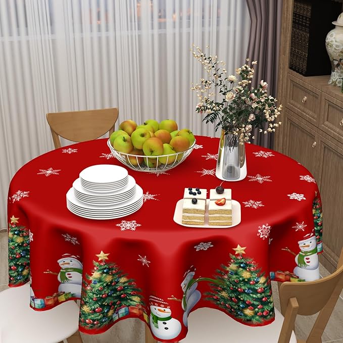 Merry Christmas Tablecloth Round 60 Inch Winter Snowman Table Cloth Red Snowflake Print Christmas Table Cover Winter Holiday Tablecloths Seasonal for Home Kitchen Dining Party Indoor Outdoor Decor