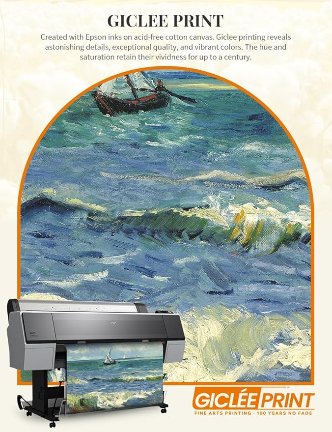 DECORARTS - The Sea at Les Saintes-Maries-de-la-Mer - Vincent Van Gogh Giclee Prints w/Antique Brown Frame for Wall Decor. Picture Size: 20x16, Total Size w/Frame: 23x19