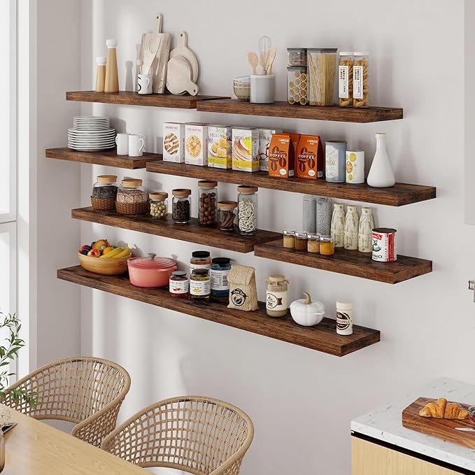 55 Inch Floating Shelves Set of 2, Rustic 55 x 9.3 Floating Shelf for Wall, 9.3 Inch Deep Wall Shelves Invisible Bracket, Large Deep Shelving for Bedroom, Kicten, Living Room, Rustic Brown Color