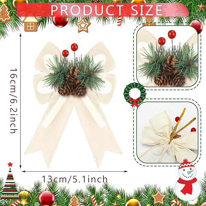 Syhood 6 Pcs Christmas Velvet Bow with Pine Cones Pine Needles Berries Xmas Champagne Ribbon Bow Ornaments 6.3 x 5.1 Inch for Christmas Tree Wreath Garden Fireplace Crafts DIY Decor
