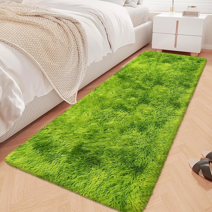 Tie-Dyed Runner Rug for Bedroom Green 2x6ft Fluffy Area Rug Bedside Runner Rug for Kids Room Boys Teens Nursery Baby Living Room Dorm Home Decor Carpets