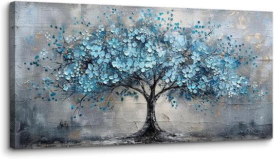 crmotu Tree of Life Large Wall Art, Cherry Blossom Canvas Oil Paintings, Abstract Blue Tree Art Prints, Teal Modern Home Wall Decor Living Room Bedroom Pictures, Neutral Office Decor Artwork 20"X40"