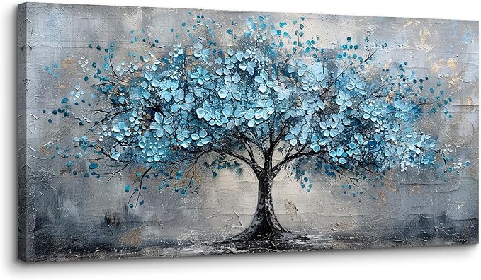 crmotu Tree of Life Large Wall Art for Living Room, Cherry Blossom Abstract Canvas Art Prints, Blue Flowers Tree Pictures Wall Decor, Nature Plant Modern Bedroom Bathroom Office Decor 30"X60"