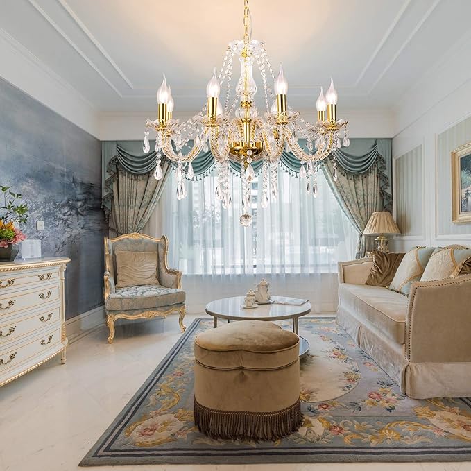 Panghuhu88 K9 Crystal Candle Chandeliers Lighting 8 Lights Pendant Ceiling Fixture Lamp for Dining Living Room Bedroom Hallway Entry Elegant Decoration (8 Bulbs)