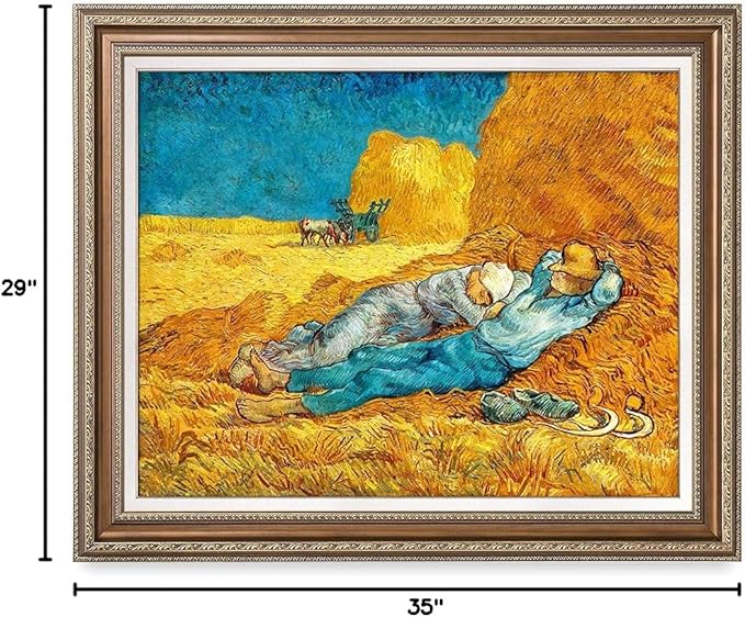 DECORARTS - Noon: Rest from Work, Vincent Van Gogh Art Reproduction. Acid Free Cotton Canvas Giclee Print w/Bronze Frame&Mat for Wall Decor.