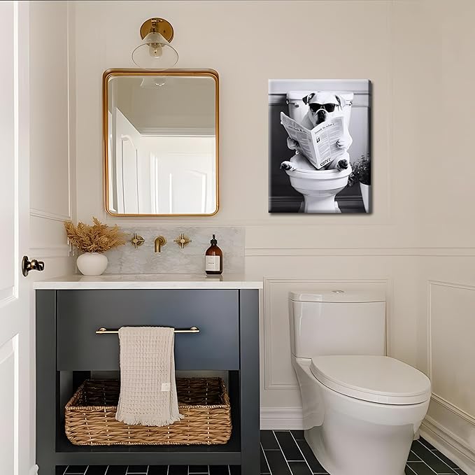Funny Bathroom Picture Wall Decor - Dog Reading Newspaper on Toilet Canvas Wall Art, Framed Black and White Toilet Bathroom Poster Prints, Cute Animal Art Home Decor 16x24 inch