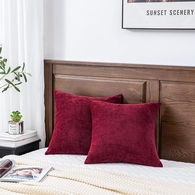 GAWAMAY Decorative Square Throw Pillow Covers 20"x20" Inch Set of 2, Super Soft Chenille Pillows Farmhouse Fall Pillowcase for Living Room Bedroom Sofa Couch Cushion Cover Burgundy Red 50x50cm