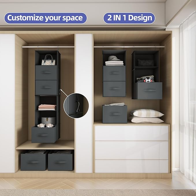 Twira 6-Shelf Hanging Closet Organizer, 2 Separable 3-Shelf Hanging Shelves, Hanging Storage with 3 Removable Drawers 4 Side Pockets, Storage Organizer for Closet, Nursery (Dark Grey)