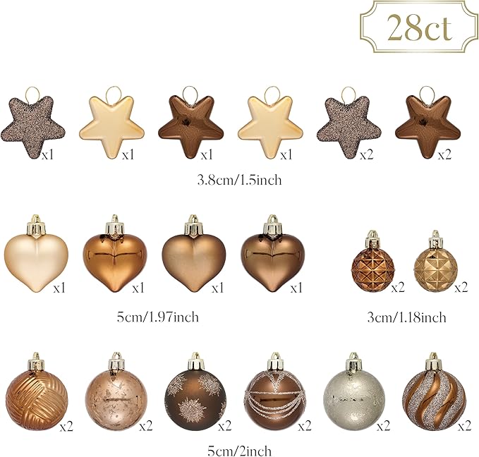 Valery Madelyn 28Pcs Christmas Heart Shaped Ornaments Gift Pack, Bronze Copper Gold Craft Painted Tree Heart Decorations, Christmas Baubles Hanging Indoor Holiday Party Xmas Decor