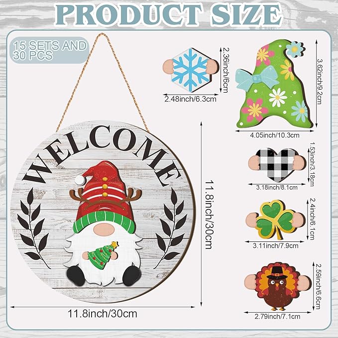 Qunclay Interchangeable Wooden Gnome Decor Holiday Seasonal Gnome Decorations with Magnet Pieces and Detachable Hats Changeable Welcome Sign for Home (Grey and White)
