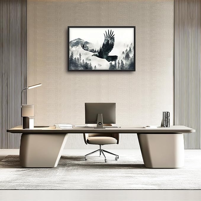 Framed Large Wall Art for Living Room, Flying Bald Eagle Canvas Wall Decor, Large Mountain Forest Pictures Framed Painting, Natural Landscape Artwork for Bedroom Office Home Decor 36L'' × 24W''