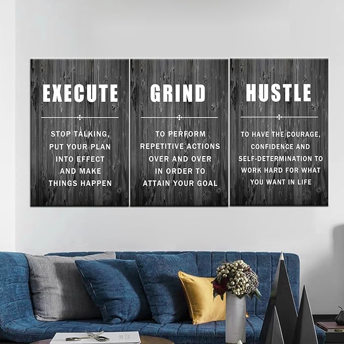 Inspirational Wall Art Execute Grind Hustle Motivational Poster 3 Pieces Canvas Prints Artwork for Living Room Modern Home Decor Painting Pictures Stretched and Framed Ready to Hang [72''Wx 36''H]