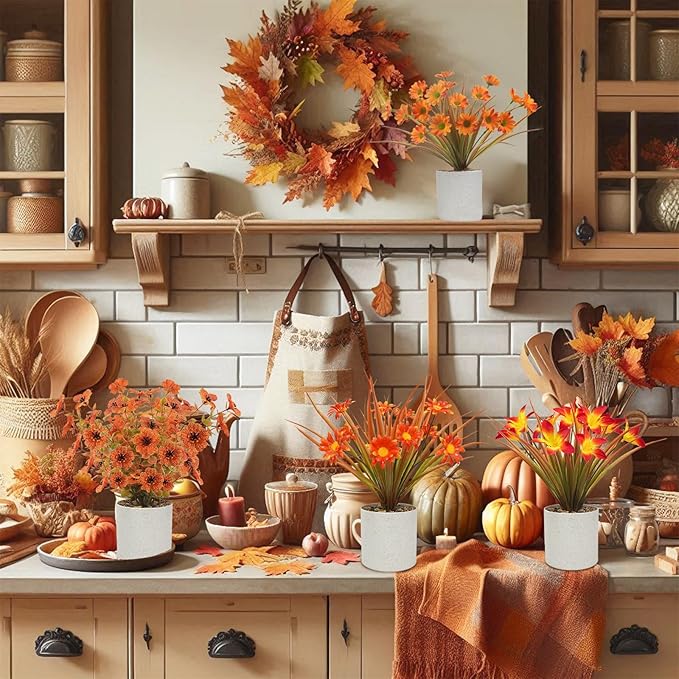 Uieke 4PCS Fall Fake Potted Plants Thanksgiving Floral Arrangements Fall Decor Autumn Mini Small Artificial Potted Plants Fall Decorations for Home Harvest Wedding Tabletop Centerpieces Office Decor
