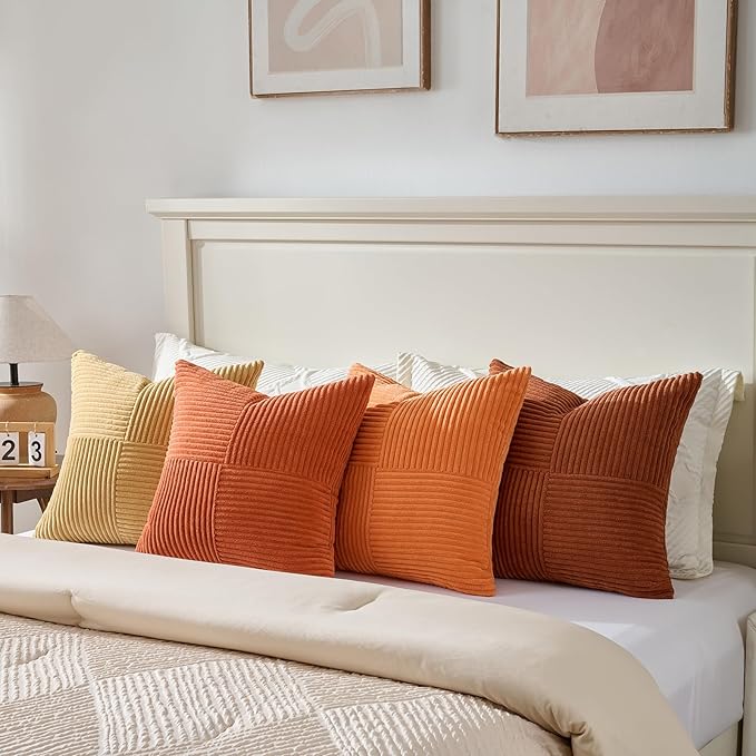 Fancy Homi Set of 4 Boho Fall Decorative Throw Pillow Covers 16x16 Inch for Couch Bed Sofa Bedroom, Modern Farmhouse Home Decor, Soft Cross Striped Corduroy Patchwork Colorful Cushion Case 40x40cm