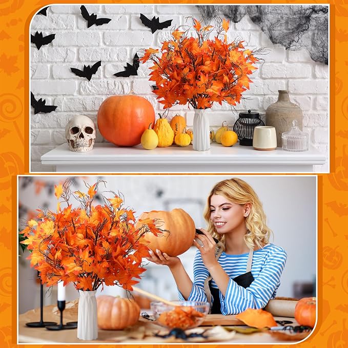 12 Pcs 19.7 Inch Artificial Fall Flowers Burnt Orange Fake Maple Leaf Floral Stems Autumn Floral Picks Thanksgiving Harvest Centerpieces Decorations for Home Indoor Vase Arrangement Decor