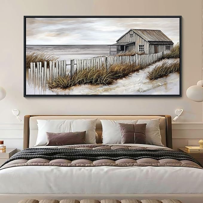 YDYSUNE Wall Art for Living Room - Beach fenced house Canvas Wall Decor for Home artwork Painting 29x58 Inches Canvas Print for Bedroom Decor Modern Salon Kitchen Office Hang a Picture