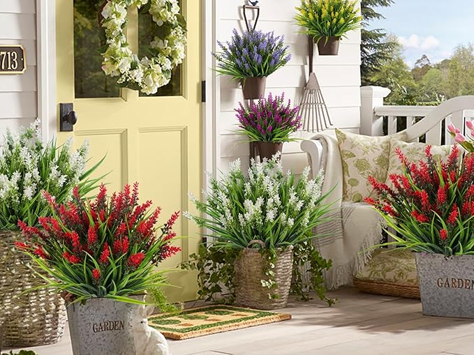 RECUTMS Fake Grass Plant,Fake Plants Outdoor, Artificial Grass, UV Resistant Fake Bushes Plastic Artificial Greenery Shrubs, Faux Greenery for House Garden Patio Front Porch Indoor Decor(Red)