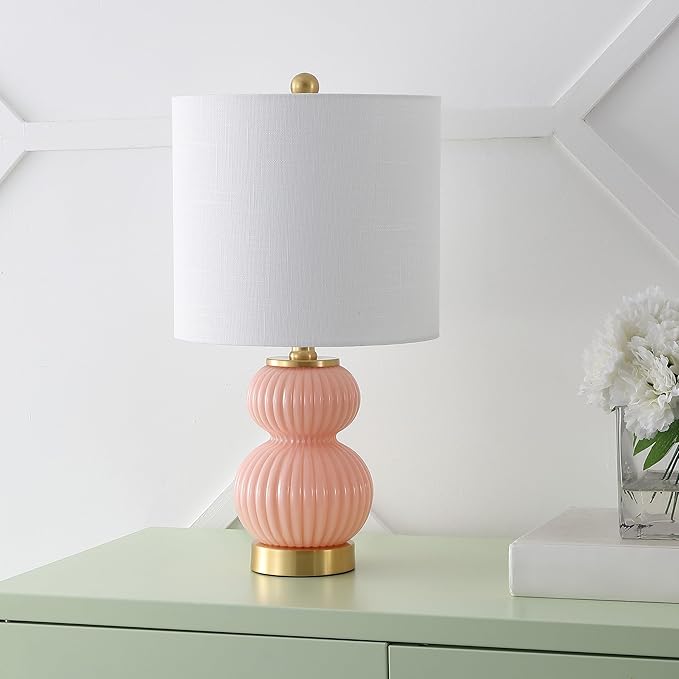 JONATHAN Y JYL1099B Daphne 20" Contemporary Transitional Metal/Glass Ribbed Gourd LED Table Lamp Bedroom, Living Room, Office, Dining Room, Pink/Brass Gold