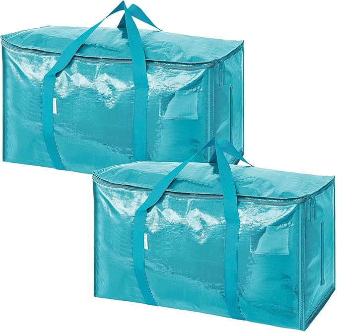 TICONN 2 Pack Extra Large Moving Bags with Zippers & Carrying Handles, Heavy-Duty Storage Tote Moving Boxes for Space Saving (2 Pack, Aqua)