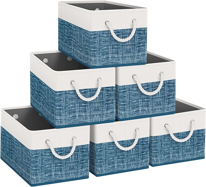 Fab totes Storage Bins [6-Pack], Foldable Storage Baskets for Organizing Toys, Books, Shelves, Closet, Large Storage Box with Rope Handles, Sturdy Organizer Bins, White & Blue