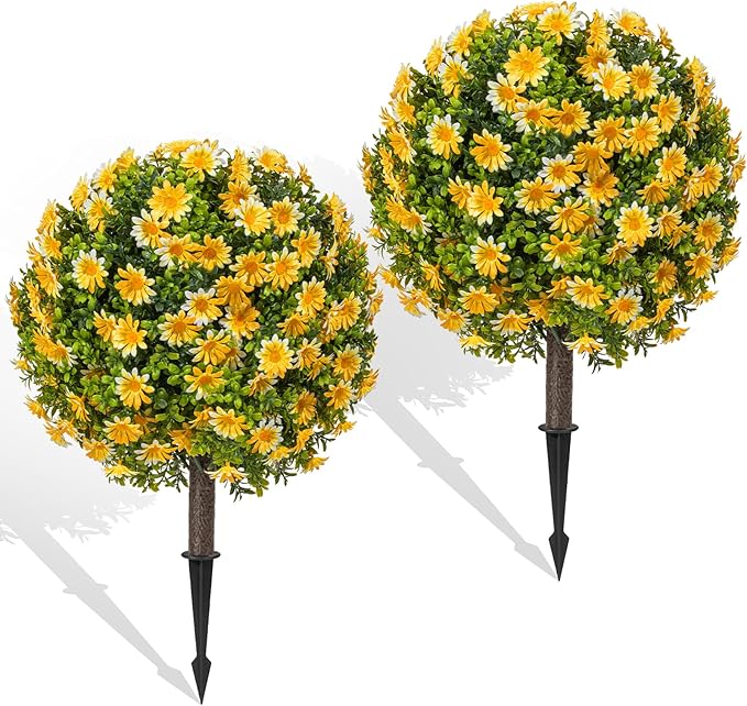 Fall Artificial Mum Topiary Ball with Spike Set of 2, Faux Boxwoods for Outdoor Planters, UV Resistant Artificial Outdoor Plants for Porch, Fake Bushes Round Shrub with Orange Yellow Mum