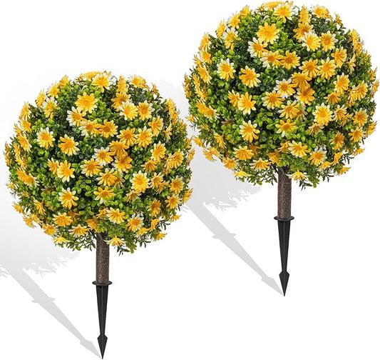 Fall Artificial Mum Topiary Ball with Spike Set of 2, Faux Boxwoods for Outdoor Planters, UV Resistant Artificial Outdoor Plants for Porch, Fake Bushes Round Shrub with Orange Yellow Mum
