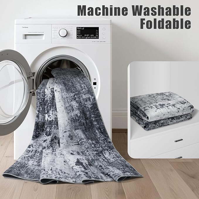 8x10 Area Rug Living Room Rug: Washable Modern Abstract Soft Thin Rug Indoor Floor No Slip Stain Resistant Carpet for Bedroom Dining Room Farmhouse Nursery Home Office - Dark Black