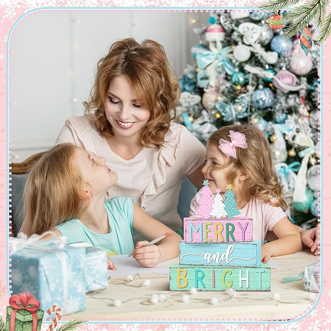 Geelin 4 Pcs Christmas Tree Table Sign Candy Color Wooden Decorative Signage Xmas Tiered Tray Decor Christmas Centerpieces Farmhouse Wooden Block Set Xmas Table Sign for Home