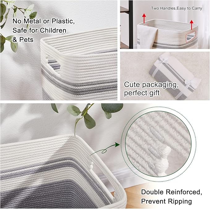 OIAHOMY Laundry Hamper, Tall Cotton Decorative Blanket Storage Basket with Handles for Living room,Collapsible Large Baskets for Toys,Pillows,Clothes Organizer-16x13x22in-Gray