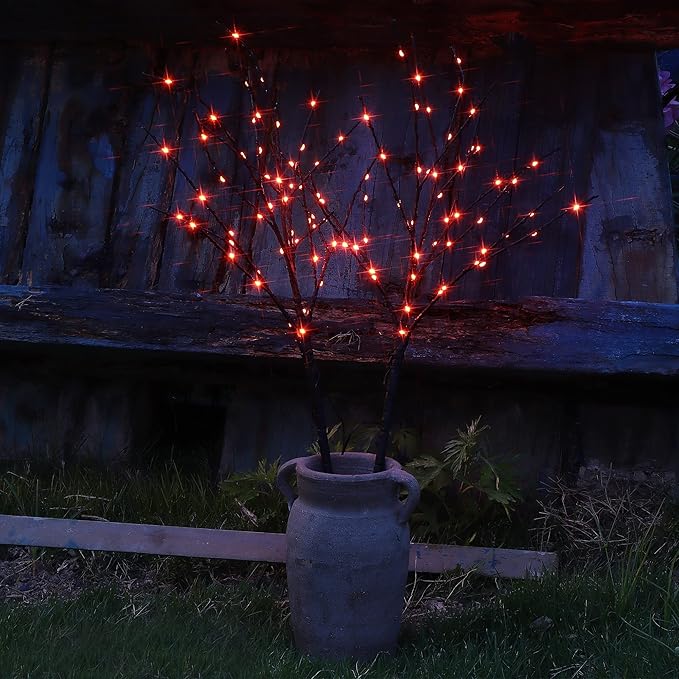 Lighted Halloween Tree Branches, 30IN 100LED Artificial Black Twig Branch with Orange Fairy Lights, Built-in Timer & Battery Operated, Waterproof for Indoor Outdoor Office Bedroom Party Decorations