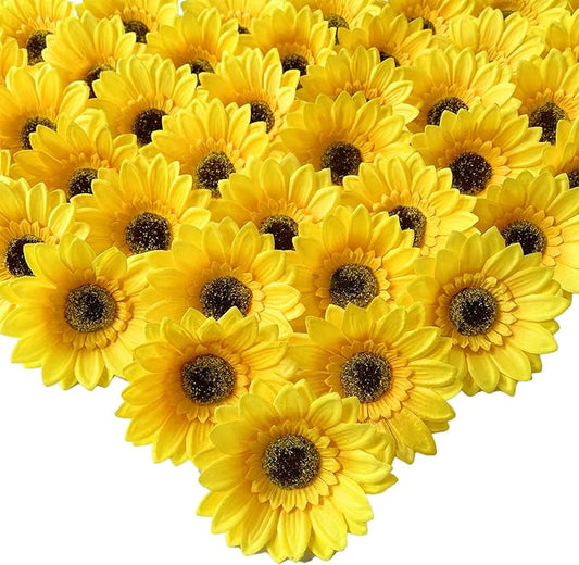 UKELER 50pcs 3.9" Artificial Sunflower Heads, Fake Sunflowers, Silk Sunflowers Decorations for Indoor Outdoor, Wedding Decoration, DIY Garden Decor, Party Decoration