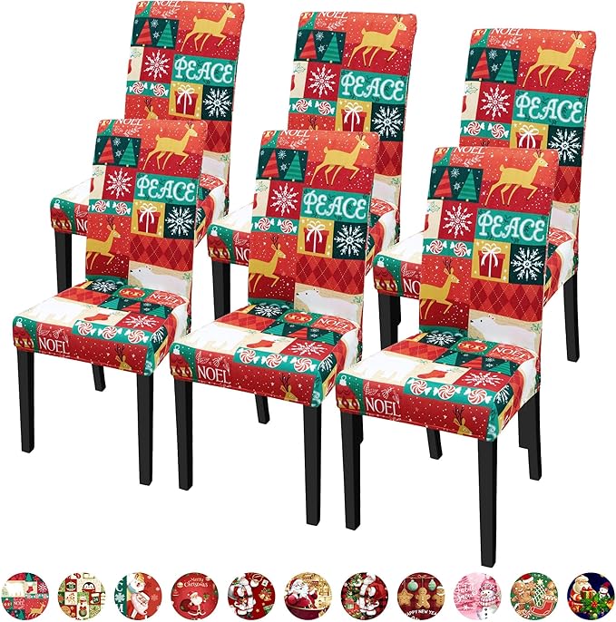 Christmas Chair Covers for Dining Chairs, Stretch Dining Covers, Dining Room Chair Covers Set of 4/6, Removable Washable Dining Chair Slipcovers for Home Hotel Banquet Holiday Decoration (1, 6pcs)
