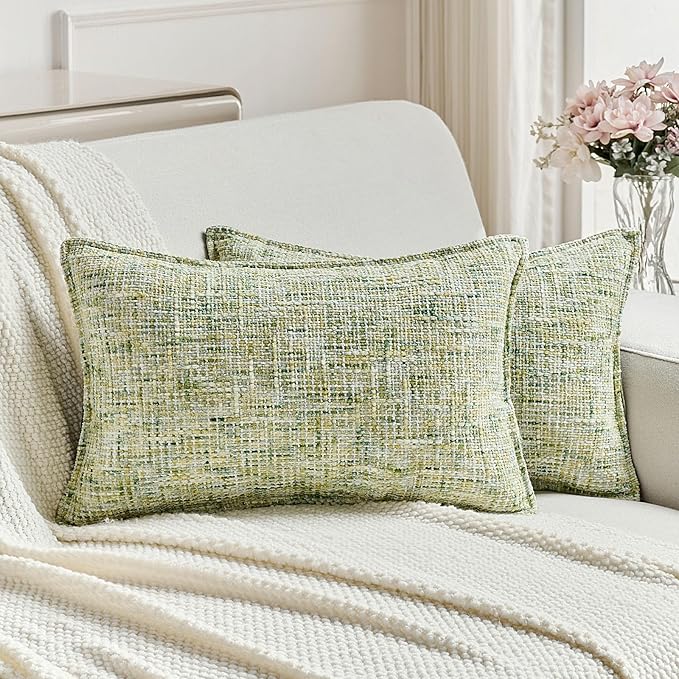 FUTEI Green Decorative Throw Pillow Covers 12x20 Inch Set of 2,Soft Chenille Tweed Textured Lumbar Pillow Case,Modern Home Decor for Couch Bed Living Room