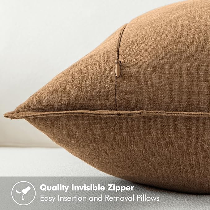 MIULEE Decorative Linen Euro Sham Pillow Covers 22x22 Inch Brown Boho Farmhouse Neutral Couch Throw Pillows for Bed Pack of 2 Accent Modern Pillowcase Sofa Livingroom Home Decor