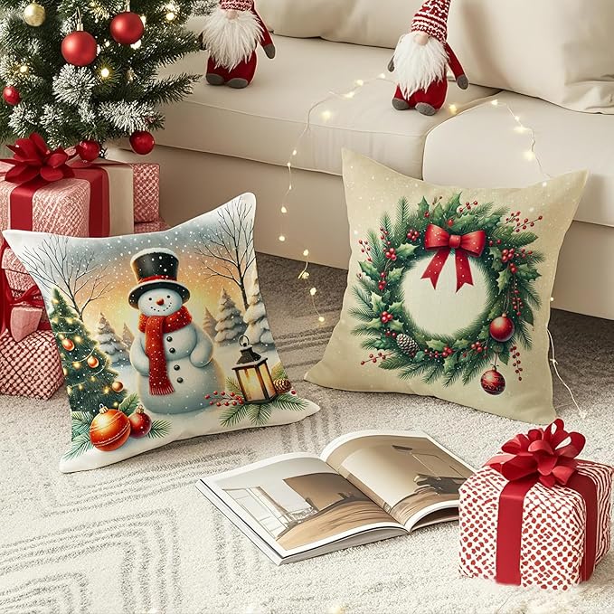 Christmas Pillow Covers 20x20 inch Set of 4, Holiday Winter Outdoor Vintage Tree Snowflake Xmas Snowman Neutral Farmhouse Gold Seasonal Burlap Decorations for Sofa Couch