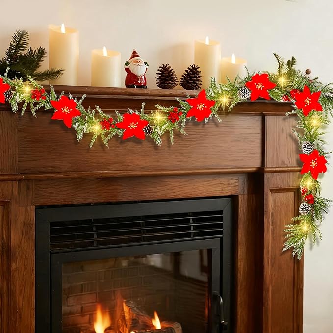 DR.DUDU 6 FT Pre-lit Artificial Christmas Garland with 20 LED Lights, Battery Powered with Pine Cones, Red Berries, Pine Needles, Lighted Christmas Wreath for Holiday Party, Xmas Tree Decorations