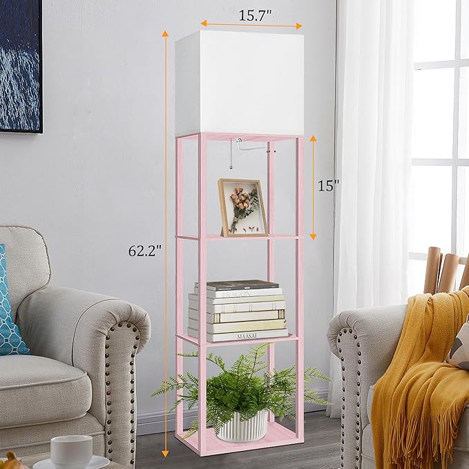 Dott Arts Floor Lamp with Shelves, Wide Floor Lamps for Living Room Display Shelf Lamps with 3 Color LED Bulb,Storage Wood Modern Floor Lamp for Bedroom Standing Lamp for Living Room Office（Pink）