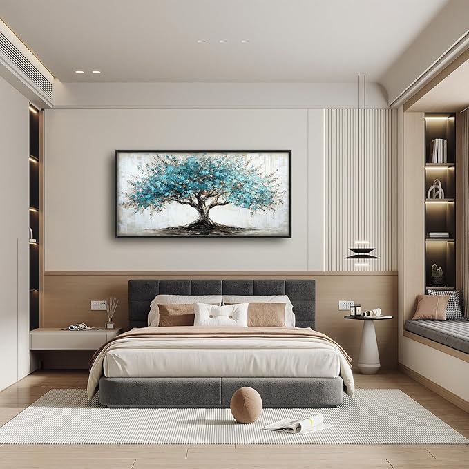 Flintis Large Tree of Life Framed Wall Art Teal Blue Tree Pictures Wall Decor Abstract Natural Landscape Canvas Painting Print Artworks Framed for Living Room Bathroom Master Bedroom 60L X 30W