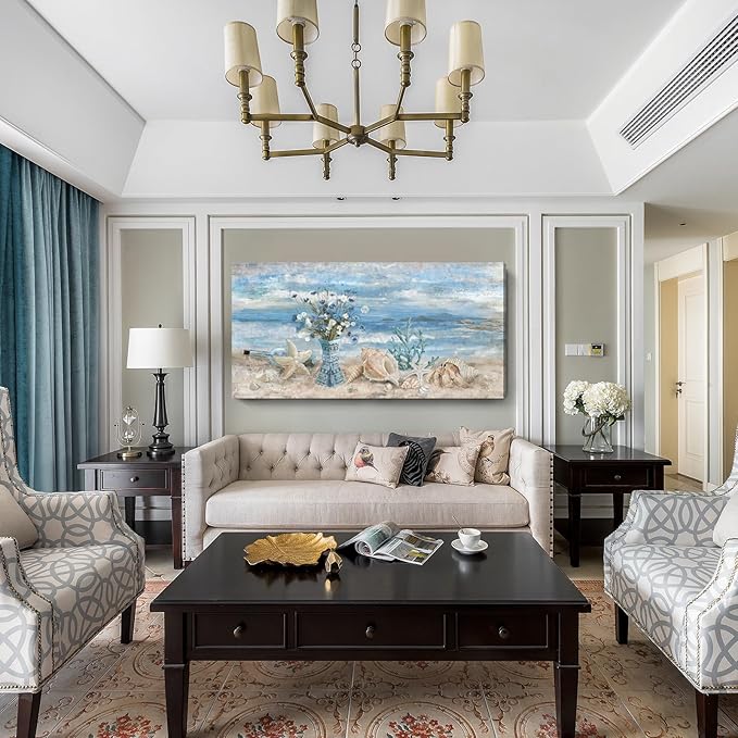 Beach Canvas Wall Art for Living Room Ocean Theme Seaside Print Blue Coastal Picture Abstract Seascape Landscape Pink Teal Painting Daisy Flower in Indian Vase Framed Artwork for Home Decor 30x60inch