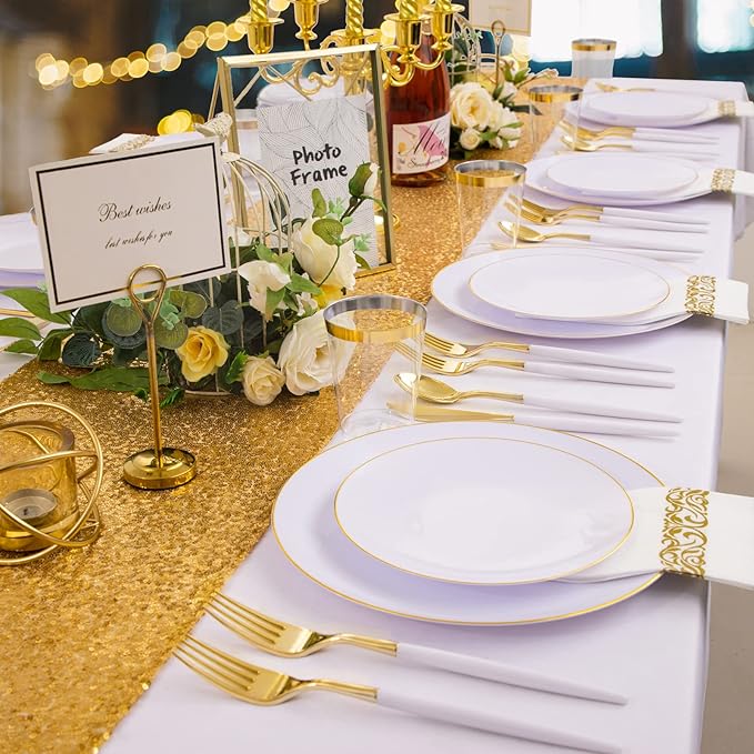 Nervure 100Pieces White with Gold Rim Plastic Plates - 7.5inch Disposable Gold Salad/Dessert Plate - White and Gold Plastic Plates Ideal for Wedding & Party & Thanksgiving