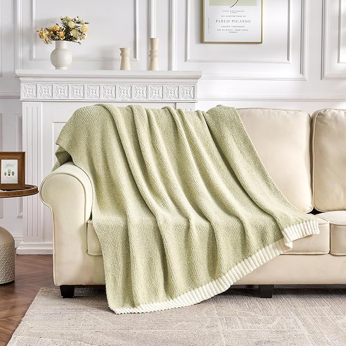CozeCube Melange Blanket, Ultra Soft Sage Green and White Throw Blanket, Warm Cozy Knit Fuzzy Plush Reversible Throw for Couch Bed Sofa, 60"x80"
