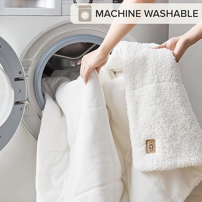 UGG Nita Throw Blanket Soft Reversible Plush Throw for Couch or Bed Washable Warm Fluffy Blanket for College Dorm Essentials and Bedding with Down Alternative Fill, 50-inch x 70-inch, White Snow