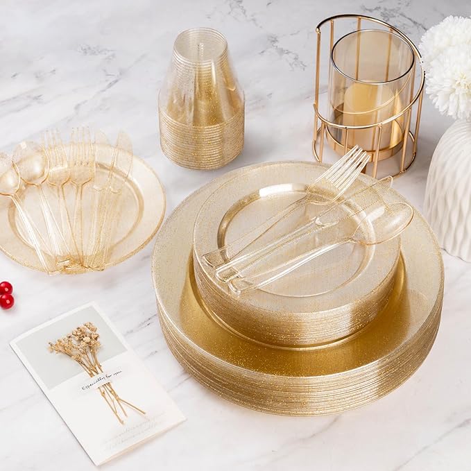 Goodluck Gold Glitter Plastic Plates - 200PCS Set: 100 Dinner (10.25 Inch), 100 Dessert (7.5 Inch) Plates - Disposable, Suitable for Parties, Weddings, Christmas
