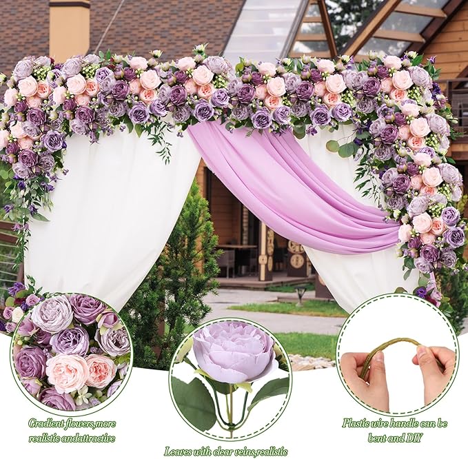 Geosar 8 Bundles Artificial Peonies Flowers Fake Silk Peony Bouquet Faux Peonies Flowers Bulk for Decoration Vase Florals Arrangements Wedding Party Table (Gray Purple,Light Purple)