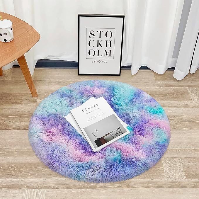 Tie Dye Rainbow Round Rugs Small 3x3 ft Fluffy Circle Rug Furry Carpet Shaggy Circular Fuzzy Plush Area Rug for Girls Bedroom Kids Room Living Room Nursery Cute Room Decor Pet mat Doormat