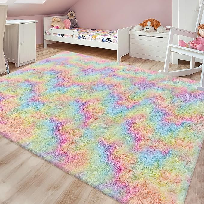 Fluffy Rainbow Colorful Area Rug for Living Room 6x9 Kawaii Tie Dye Rug Fuzzy Indoor Floor Unicorn Rug for Bedroom Girls Kids Nursery Baby Princess Room Dorm Home Decor Aesthetic Carpets