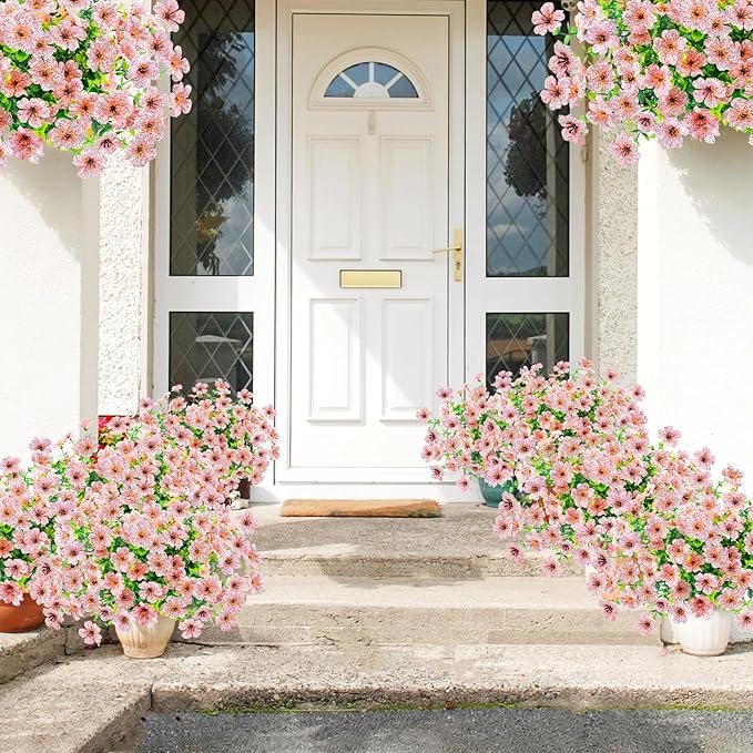 Agusbagli 10 Bundles Artificial Flowers Outdoor UV Resistant Fake Flowers No Fade Faux Plastic Greenery Shrub Plants for Wedding Home Garden Window Box Fireplace Thanksgiving Christmas Decor, Pink