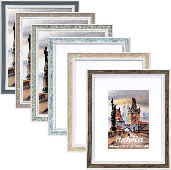 8x10 Picture Frame Set of 6, Rustic Farmhouse Photo Frame, Display 5x7 with Mat or 8x10 Without Mat for Decorative on Wall Hanging and Tabletop Placement