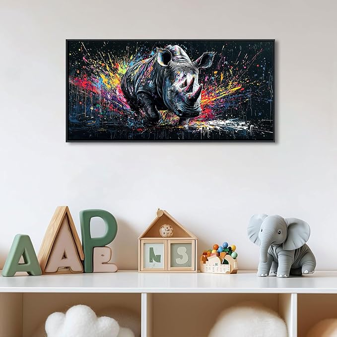 QZQCBLC Large Canvas Wall Art - Colorful Abstract Graffiti Pop Street Paintings Artwork Black and White Rhino Pictures for Living room Bedroom Bar Men's Teenager Game Room Modern Home Decor 20X40